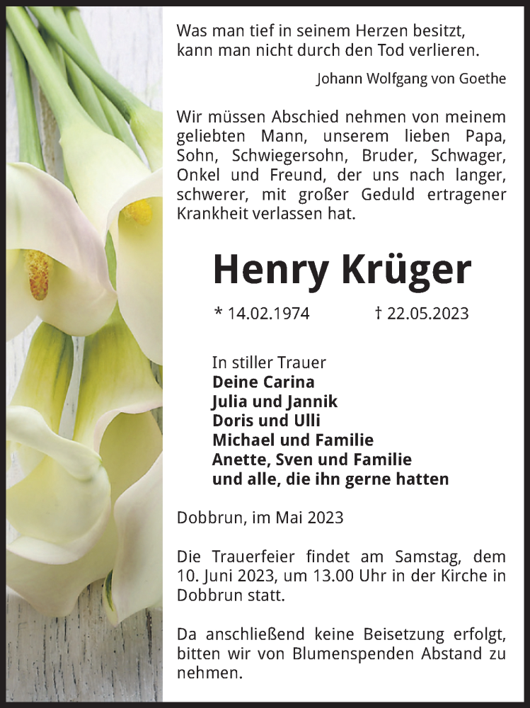  Traueranzeige für Henry Krüger vom 27.05.2023 aus Volksstimme Altmark Ost