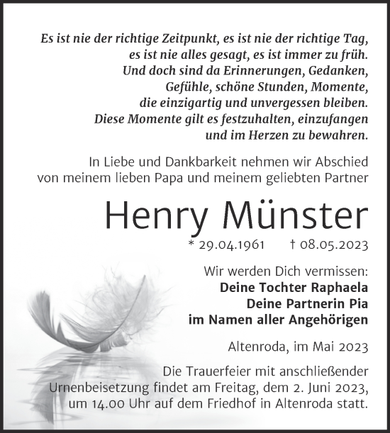 Traueranzeige von Henry Münster von Wochenspiegel Naumburg/Nebra