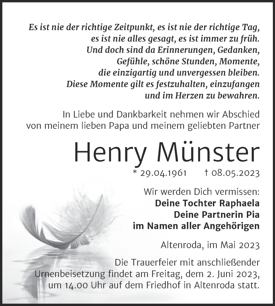  Traueranzeige für Henry Münster vom 24.05.2023 aus Wochenspiegel Naumburg/Nebra