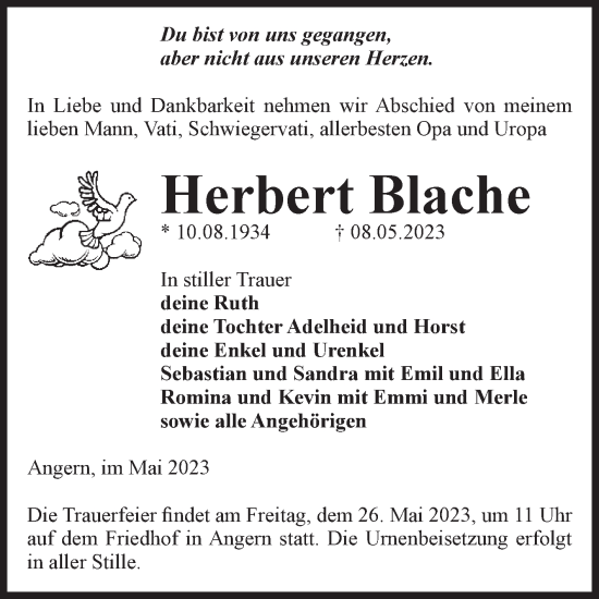 Traueranzeige von Herbert Blache von Volksstimme Haldensleben/Wolmirstedt