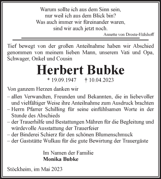 Traueranzeige von Herbert Bubke von Volksstimme Altmark West