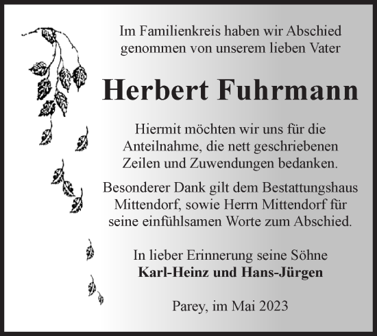 Traueranzeige von Herbert Fuhrmann von Volksstimme Burg/Genthin