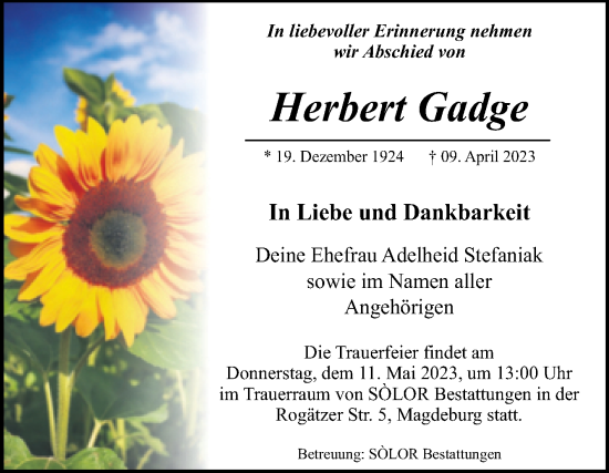 Traueranzeige von Herbert Gadge von Volksstimme Magdeburg