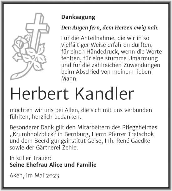Traueranzeige von Herbert Kandler von Trauerkombi Köthen