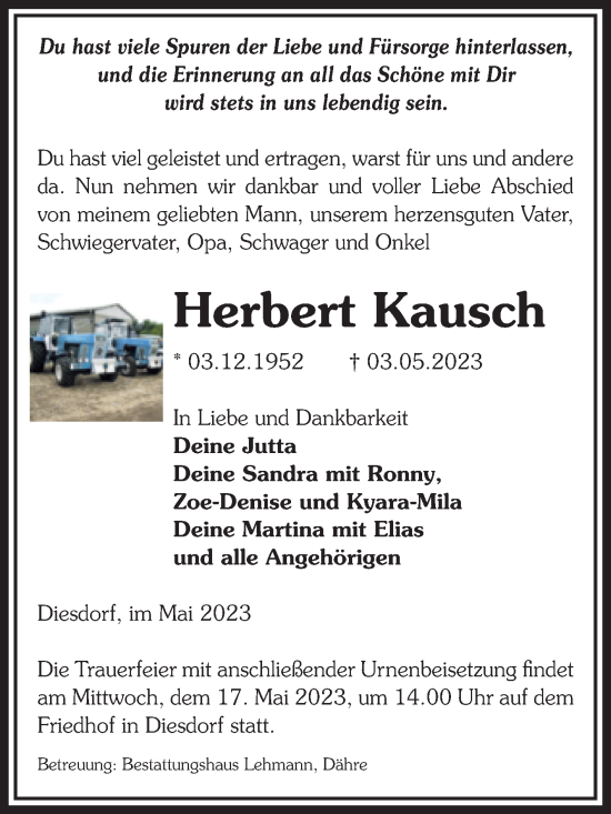 Traueranzeige von Herbert Kausch von Volksstimme Altmark West