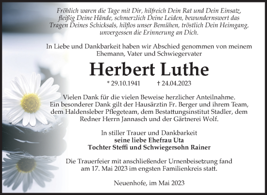 Traueranzeige von Herbert Luthe von Volksstimme Haldensleben/Wolmirstedt