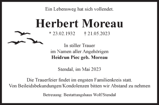 Traueranzeige von Herbert Moreau von Volksstimme Altmark Ost