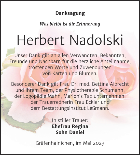 Traueranzeige von Herbert Nadolski von Super Sonntag Wittenberg