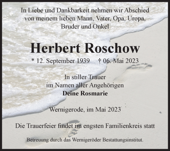 Traueranzeige von Herbert Roschow von Volksstimme Wernigerode