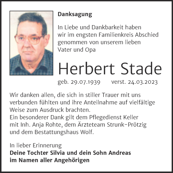 Traueranzeige von Herbert Stade von Trauerkombi Weißenfels