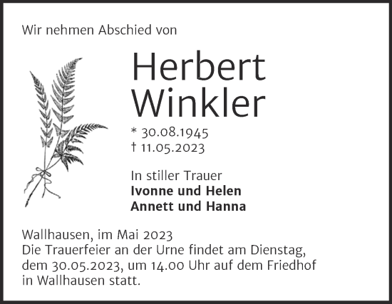 Traueranzeige von Herbert Winkler von Trauerkombi Sangerhausen