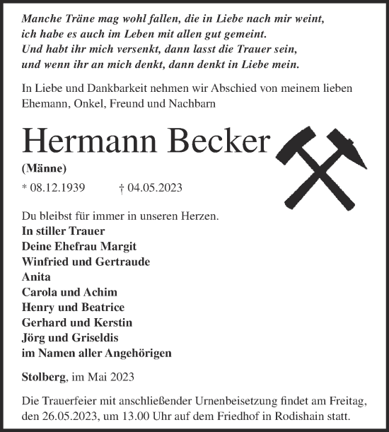 Traueranzeige von Hermann Becker von Trauerkombi Sangerhausen