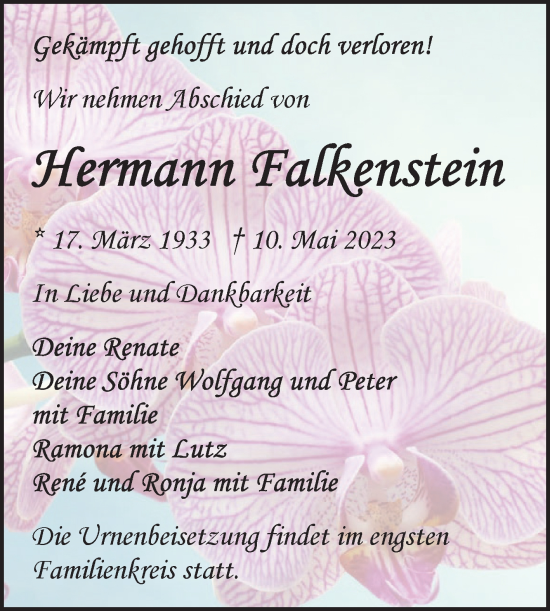 Traueranzeige von Hermann Falkenstein von Wochenspiegel Bitterfeld