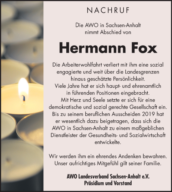 Traueranzeige von Hermann Fox von Mitteldeutsche Zeitung