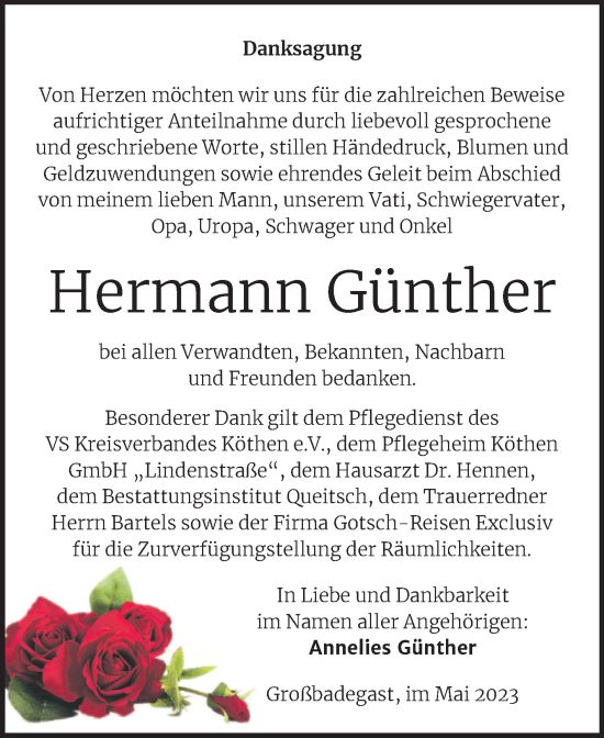 Traueranzeige von Hermann Günther von Trauerkombi Köthen