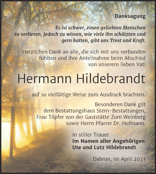 Traueranzeige von Hermann Hildebrandt von Trauerkombi Wittenberg