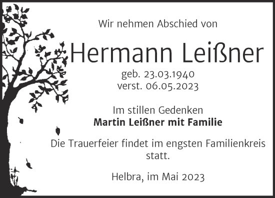 Traueranzeige von Hermann Leißner von Trauerkombi Mansfelder Land
