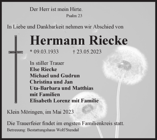 Traueranzeige von Hermann Riecke von Volksstimme Altmark Ost