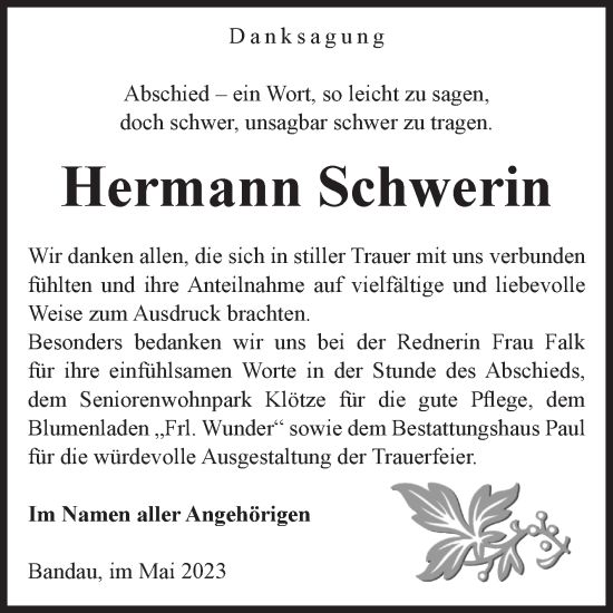 Traueranzeige von Hermann Schwerin von Volksstimme Altmark West