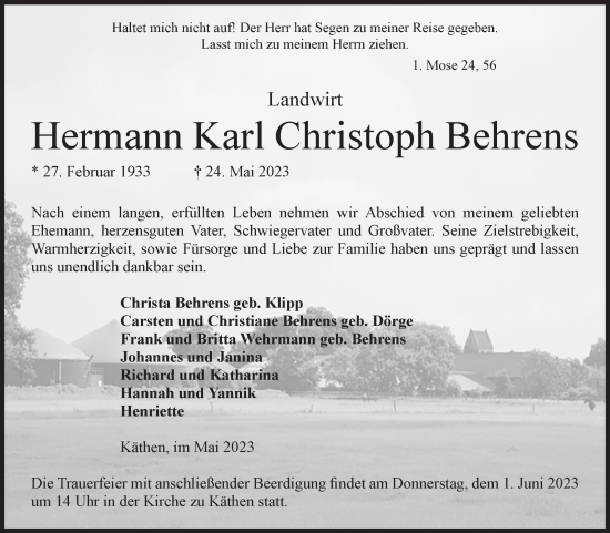 Traueranzeige von Hermann Karl Christoph Behrens von Volksstimme Altmark Ost