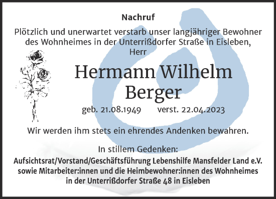 Traueranzeige von Hermann Wilhelm Berger von Mitteldeutsche Zeitung Mansfelder Land