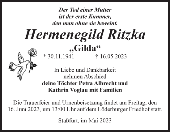 Traueranzeige von Hermenegild Ritzka von Volksstimme Staßfurt