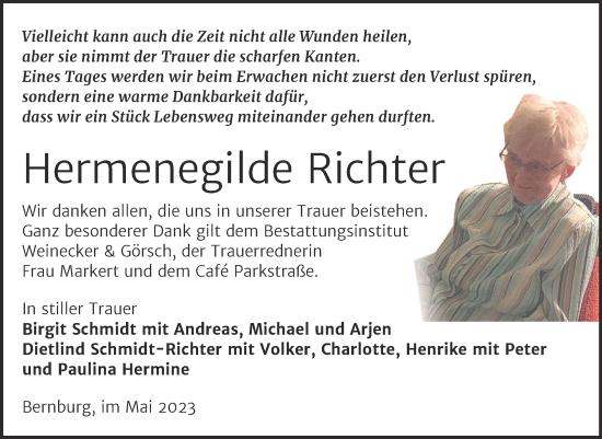 Traueranzeige von Hermenegilde Richter von Trauerkombi Bernburg