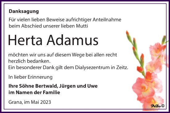 Traueranzeige von Herta Adamus von Trauerkombi Zeitz