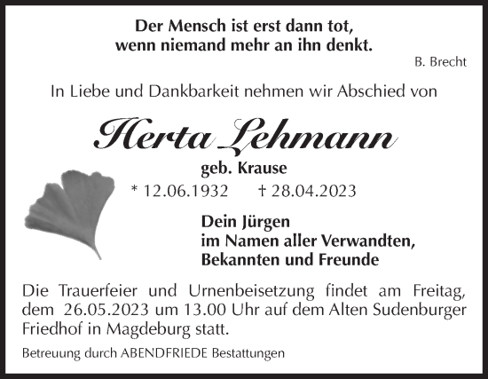 Traueranzeige von Herta Lehmann von Volksstimme Magdeburg