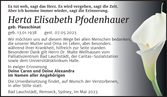 Traueranzeige von Herta Elisabeth Pfodenhauer von Trauerkombi Merseburg