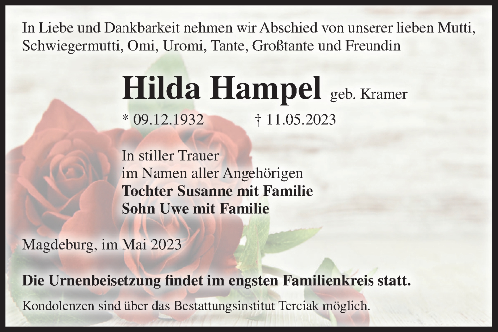  Traueranzeige für Hilda Hampel vom 20.05.2023 aus Volksstimme Magdeburg