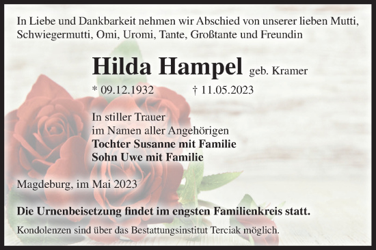 Traueranzeige von Hilda Hampel von Volksstimme Magdeburg