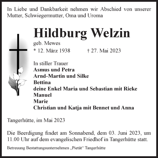Traueranzeige von Hildburg Welzin von Volksstimme Altmark Ost