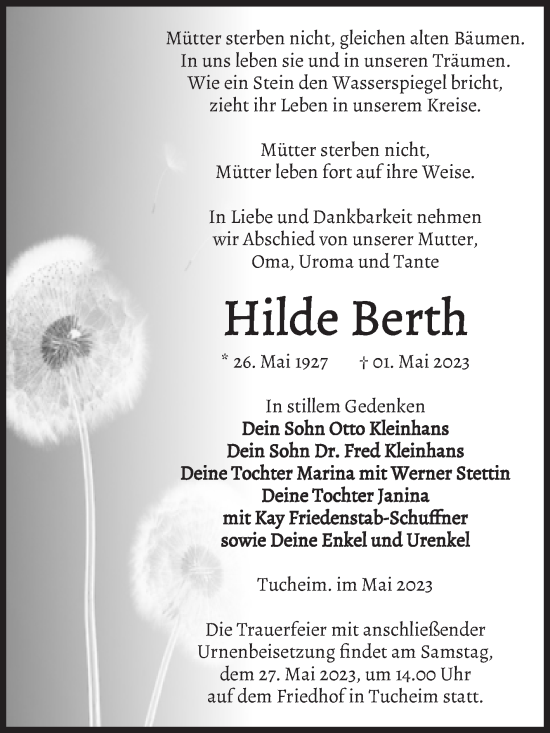 Traueranzeige von Hilde Berth von Volksstimme Burg/Genthin