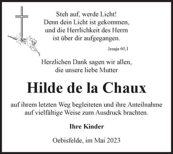 Traueranzeige von Hilde de la Chaux von Volksstimme Altmark West