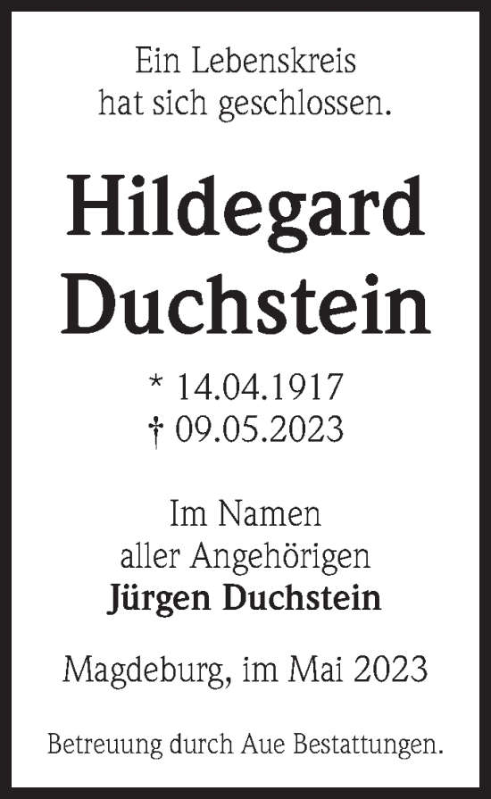 Traueranzeige von Hildegard Duchstein von Volksstimme Magdeburg