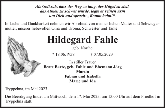 Traueranzeige von Hildegard Fahle von Volksstimme Burg/Genthin
