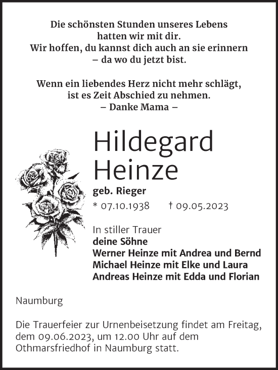 Traueranzeige von Hildegard Heinze von Naumburger Tageblatt