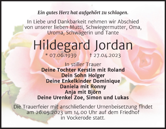 Traueranzeige von Hildegard Jordan von Trauerkombi Wittenberg