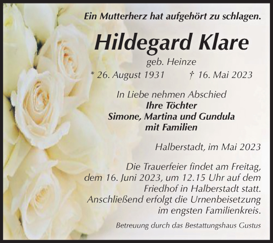Traueranzeige von Hildegard Klare von Volksstimme Halberstadt