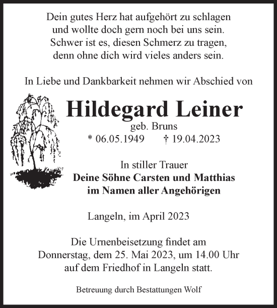 Traueranzeige von Hildegard Leiner von Volksstimme Wernigerode