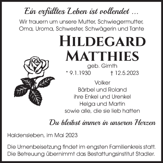 Traueranzeige von Hildegard Matthies von Volksstimme Haldensleben/Wolmirstedt