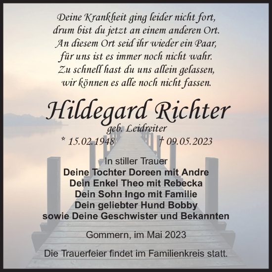 Traueranzeige von Hildegard Richter von Volksstimme Burg/Genthin