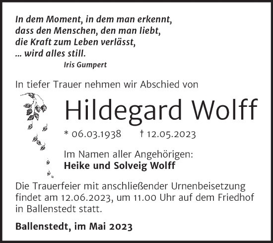 Traueranzeige von Hildegard Wolff von Mitteldeutsche Zeitung Quedlingburg