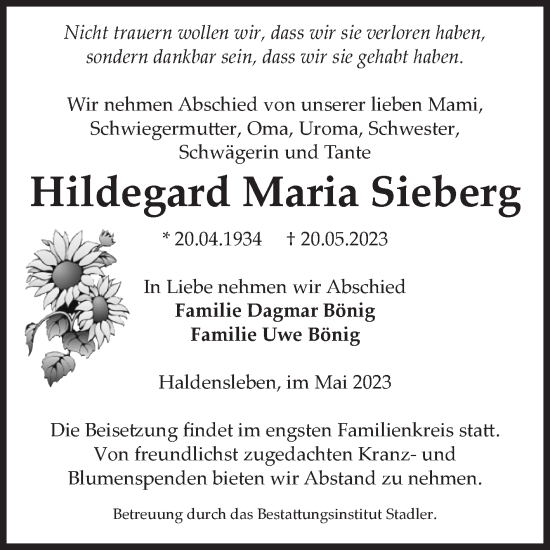 Traueranzeige von Hildegard Maria Sieberg von Volksstimme Haldensleben/Wolmirstedt