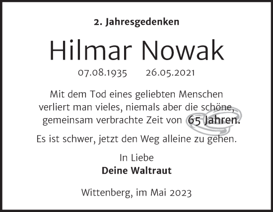 Traueranzeige von Hilmar Nowak von Trauerkombi Wittenberg