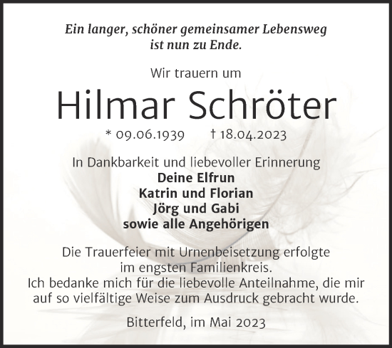 Traueranzeige von Hilmar Schröter von Trauerkombi Bitterfeld