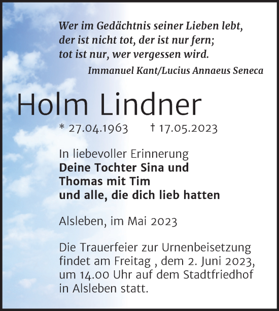 Traueranzeige von Holm Lindner von Trauerkombi Bernburg