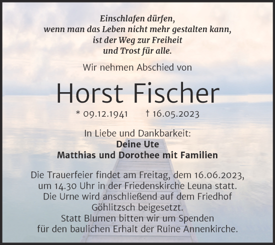 Traueranzeige von Horst Fischer von Trauerkombi Merseburg