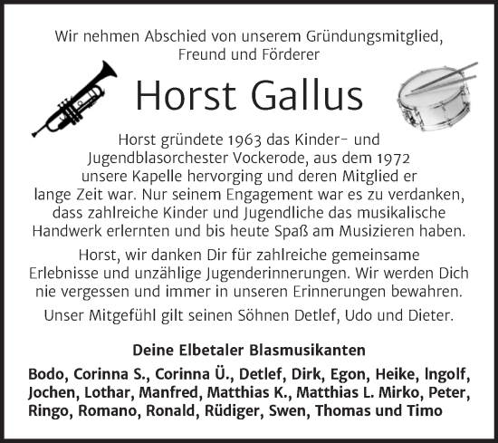 Traueranzeige von Horst Gallus von Trauerkombi Wittenberg